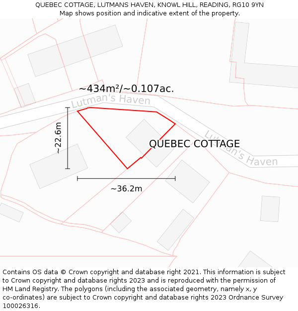 QUEBEC COTTAGE, LUTMANS HAVEN, KNOWL HILL, READING, RG10 9YN: Plot and title map