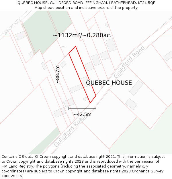 QUEBEC HOUSE, GUILDFORD ROAD, EFFINGHAM, LEATHERHEAD, KT24 5QF: Plot and title map