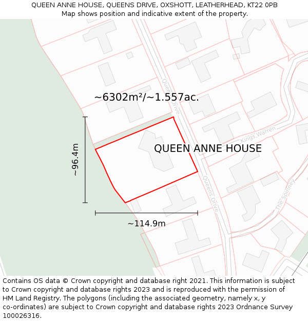 QUEEN ANNE HOUSE, QUEENS DRIVE, OXSHOTT, LEATHERHEAD, KT22 0PB: Plot and title map