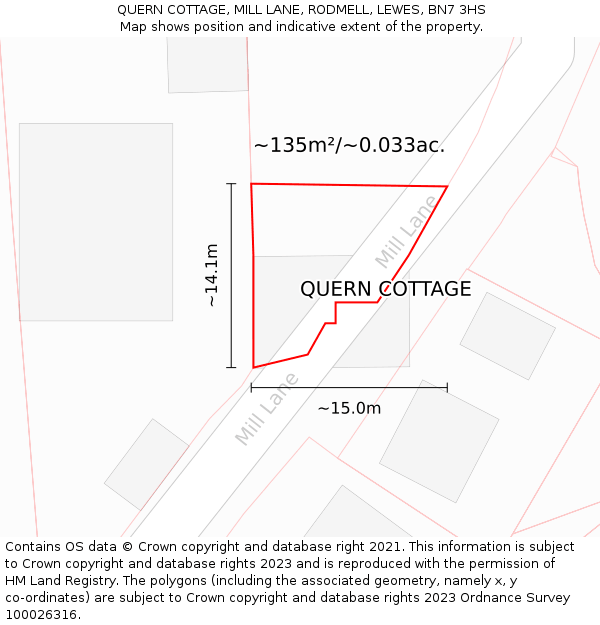 QUERN COTTAGE, MILL LANE, RODMELL, LEWES, BN7 3HS: Plot and title map