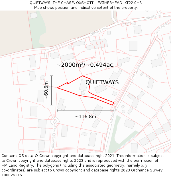 QUIETWAYS, THE CHASE, OXSHOTT, LEATHERHEAD, KT22 0HR: Plot and title map