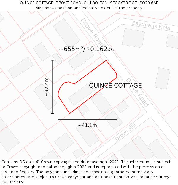 QUINCE COTTAGE, DROVE ROAD, CHILBOLTON, STOCKBRIDGE, SO20 6AB: Plot and title map