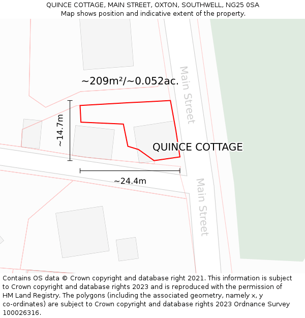 QUINCE COTTAGE, MAIN STREET, OXTON, SOUTHWELL, NG25 0SA: Plot and title map