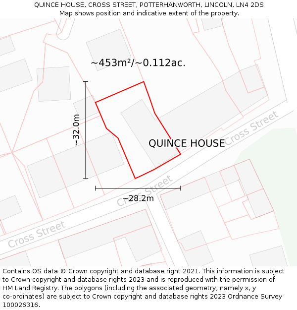 QUINCE HOUSE, CROSS STREET, POTTERHANWORTH, LINCOLN, LN4 2DS: Plot and title map
