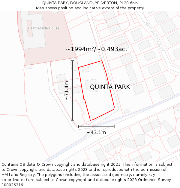 QUINTA PARK, DOUSLAND, YELVERTON, PL20 6NN: Plot and title map
