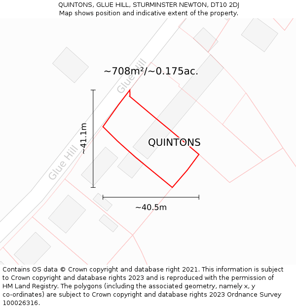 QUINTONS, GLUE HILL, STURMINSTER NEWTON, DT10 2DJ: Plot and title map