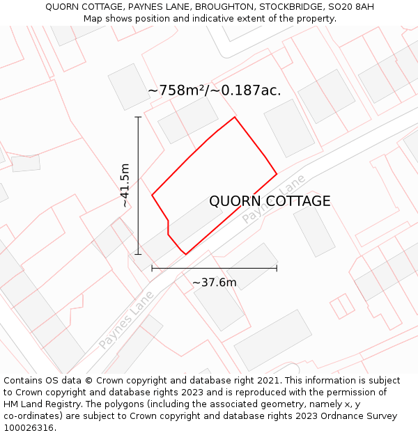 QUORN COTTAGE, PAYNES LANE, BROUGHTON, STOCKBRIDGE, SO20 8AH: Plot and title map