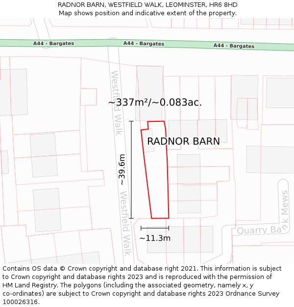 RADNOR BARN, WESTFIELD WALK, LEOMINSTER, HR6 8HD: Plot and title map