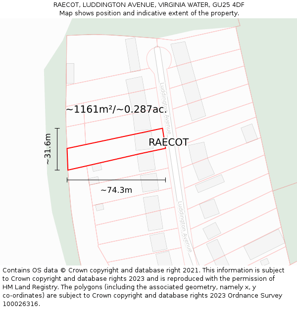 RAECOT, LUDDINGTON AVENUE, VIRGINIA WATER, GU25 4DF: Plot and title map