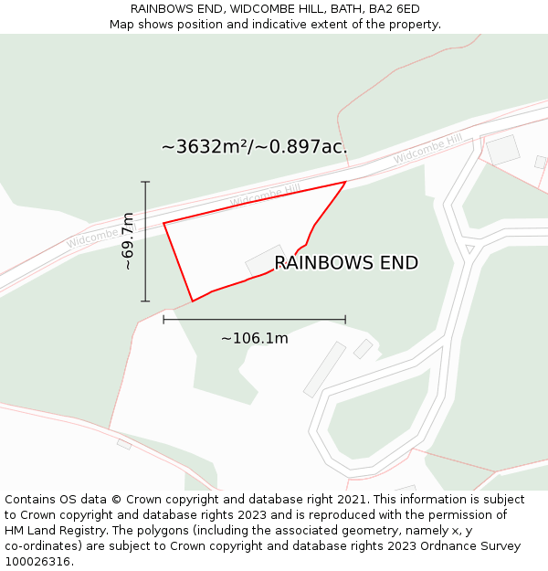 RAINBOWS END, WIDCOMBE HILL, BATH, BA2 6ED: Plot and title map