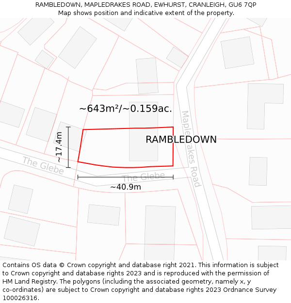 RAMBLEDOWN, MAPLEDRAKES ROAD, EWHURST, CRANLEIGH, GU6 7QP: Plot and title map