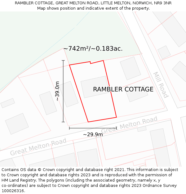 RAMBLER COTTAGE, GREAT MELTON ROAD, LITTLE MELTON, NORWICH, NR9 3NR: Plot and title map