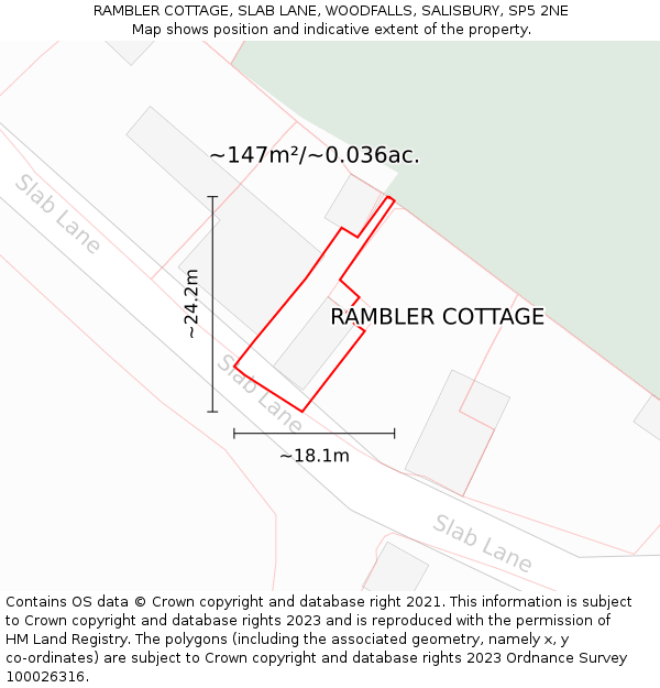 RAMBLER COTTAGE, SLAB LANE, WOODFALLS, SALISBURY, SP5 2NE: Plot and title map