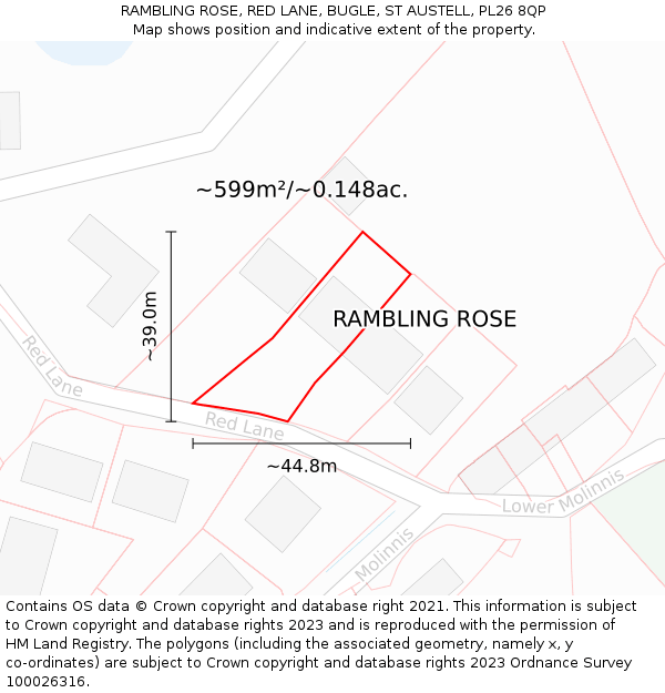 RAMBLING ROSE, RED LANE, BUGLE, ST AUSTELL, PL26 8QP: Plot and title map