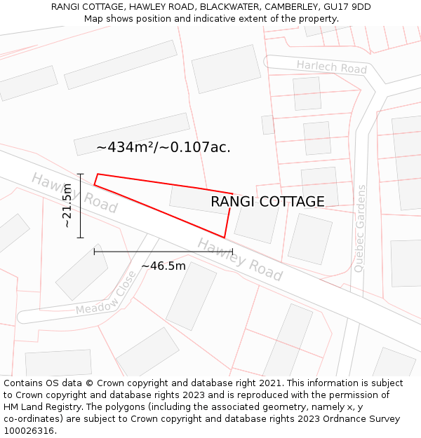 RANGI COTTAGE, HAWLEY ROAD, BLACKWATER, CAMBERLEY, GU17 9DD: Plot and title map