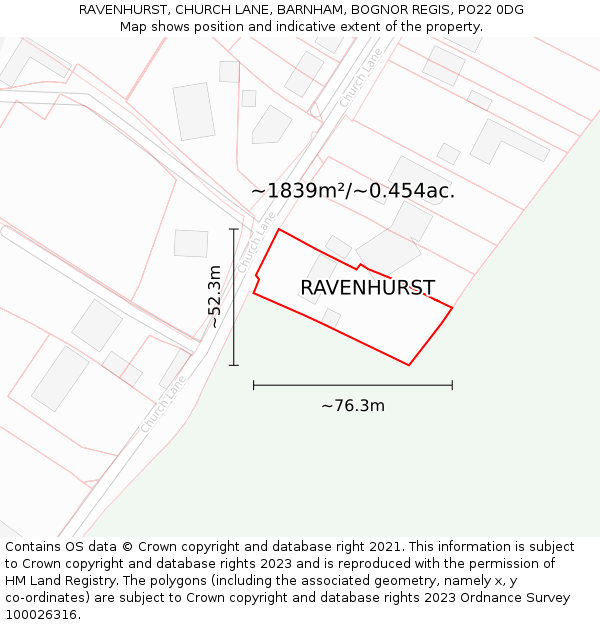 RAVENHURST, CHURCH LANE, BARNHAM, BOGNOR REGIS, PO22 0DG: Plot and title map