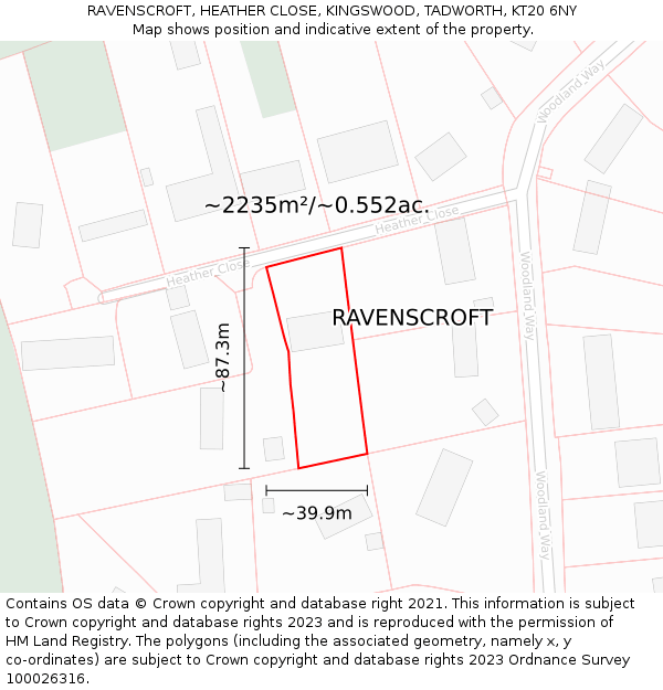 RAVENSCROFT, HEATHER CLOSE, KINGSWOOD, TADWORTH, KT20 6NY: Plot and title map