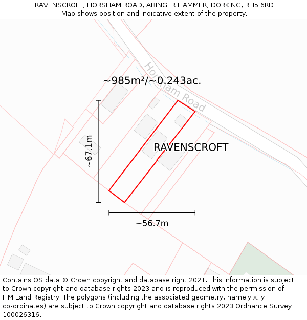 RAVENSCROFT, HORSHAM ROAD, ABINGER HAMMER, DORKING, RH5 6RD: Plot and title map