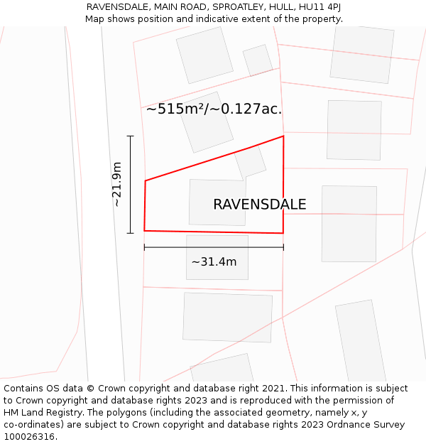 RAVENSDALE, MAIN ROAD, SPROATLEY, HULL, HU11 4PJ: Plot and title map