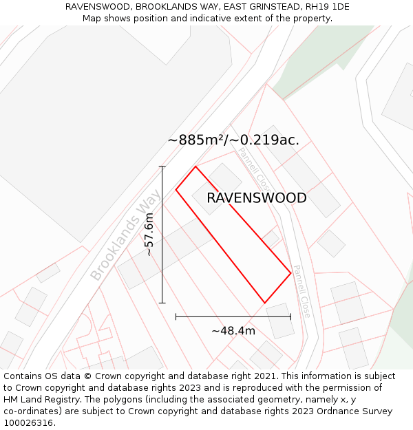 RAVENSWOOD, BROOKLANDS WAY, EAST GRINSTEAD, RH19 1DE: Plot and title map