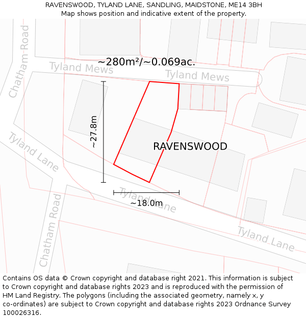 RAVENSWOOD, TYLAND LANE, SANDLING, MAIDSTONE, ME14 3BH: Plot and title map