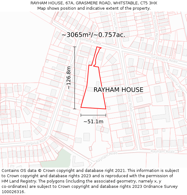 RAYHAM HOUSE, 67A, GRASMERE ROAD, WHITSTABLE, CT5 3HX: Plot and title map