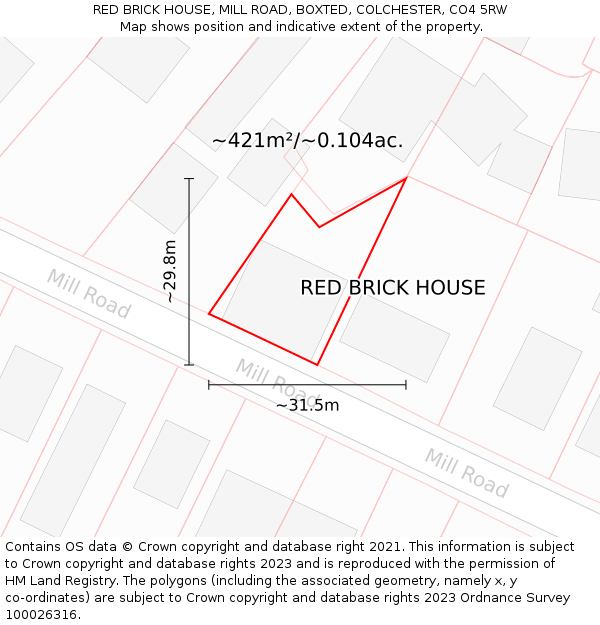 RED BRICK HOUSE, MILL ROAD, BOXTED, COLCHESTER, CO4 5RW: Plot and title map