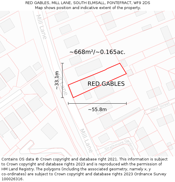 RED GABLES, MILL LANE, SOUTH ELMSALL, PONTEFRACT, WF9 2DS: Plot and title map