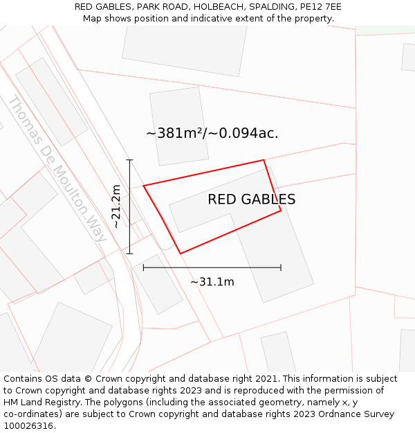 RED GABLES, PARK ROAD, HOLBEACH, SPALDING, PE12 7EE: Plot and title map