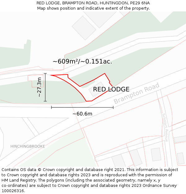 RED LODGE, BRAMPTON ROAD, HUNTINGDON, PE29 6NA: Plot and title map