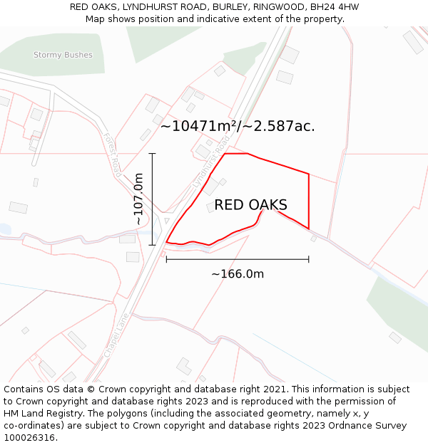 RED OAKS, LYNDHURST ROAD, BURLEY, RINGWOOD, BH24 4HW: Plot and title map