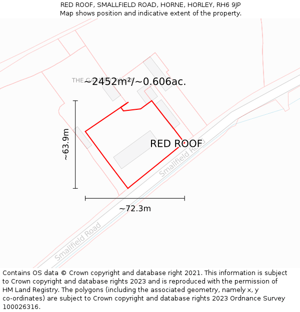 RED ROOF, SMALLFIELD ROAD, HORNE, HORLEY, RH6 9JP: Plot and title map