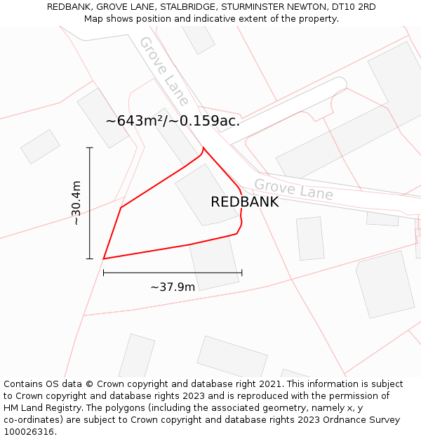 REDBANK, GROVE LANE, STALBRIDGE, STURMINSTER NEWTON, DT10 2RD: Plot and title map