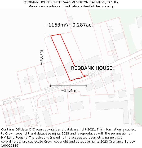 REDBANK HOUSE, BUTTS WAY, MILVERTON, TAUNTON, TA4 1LY: Plot and title map