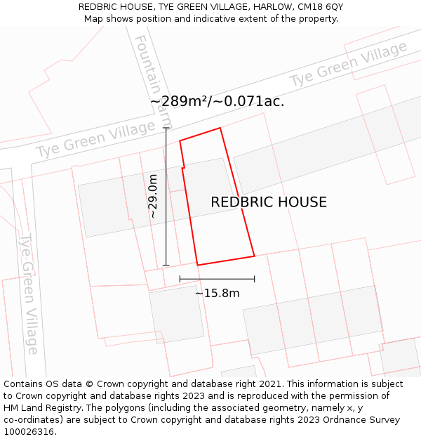 REDBRIC HOUSE, TYE GREEN VILLAGE, HARLOW, CM18 6QY: Plot and title map