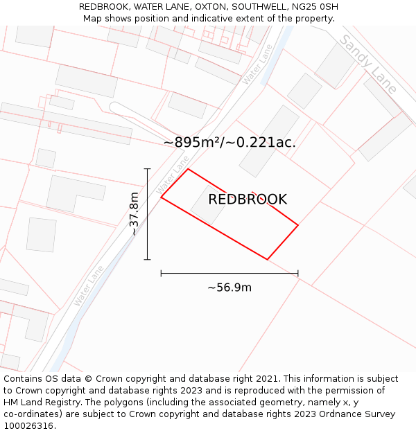 REDBROOK, WATER LANE, OXTON, SOUTHWELL, NG25 0SH: Plot and title map