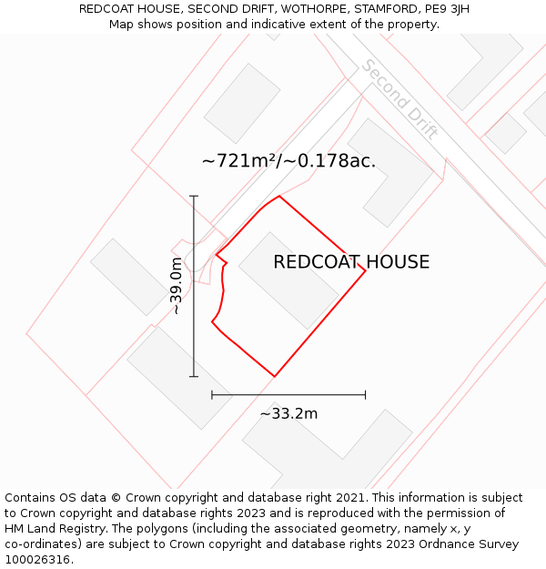 REDCOAT HOUSE, SECOND DRIFT, WOTHORPE, STAMFORD, PE9 3JH: Plot and title map