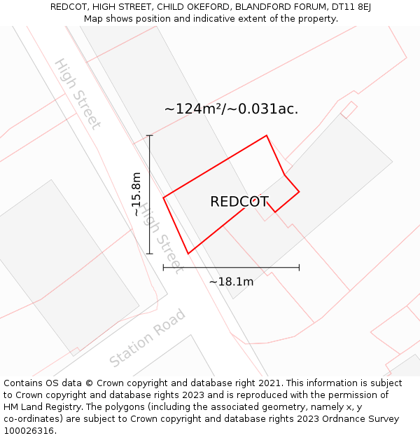 REDCOT, HIGH STREET, CHILD OKEFORD, BLANDFORD FORUM, DT11 8EJ: Plot and title map