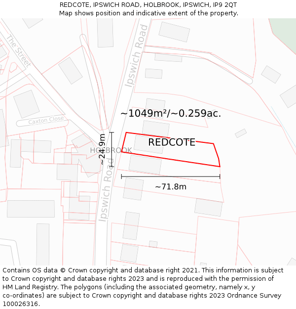 REDCOTE, IPSWICH ROAD, HOLBROOK, IPSWICH, IP9 2QT: Plot and title map