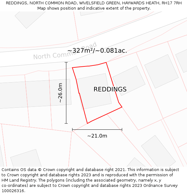 REDDINGS, NORTH COMMON ROAD, WIVELSFIELD GREEN, HAYWARDS HEATH, RH17 7RH: Plot and title map