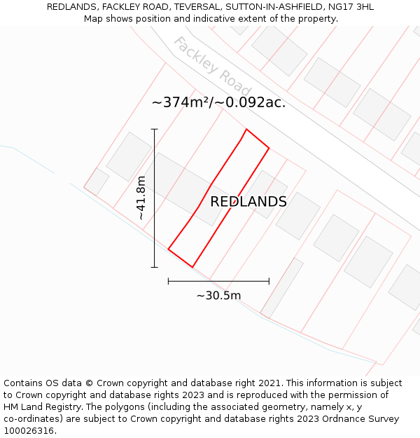 REDLANDS, FACKLEY ROAD, TEVERSAL, SUTTON-IN-ASHFIELD, NG17 3HL: Plot and title map