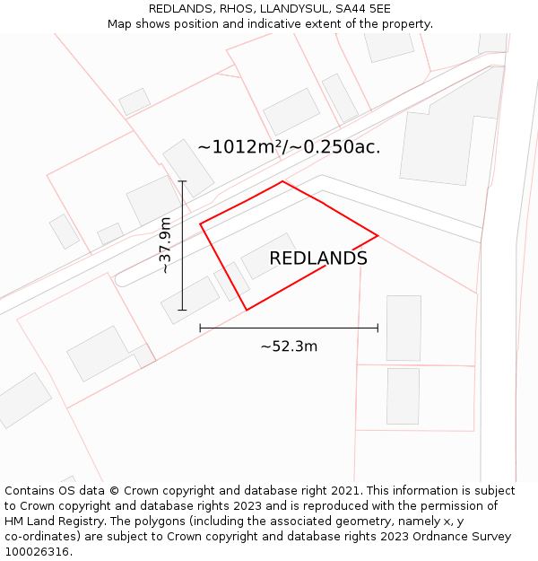 REDLANDS, RHOS, LLANDYSUL, SA44 5EE: Plot and title map