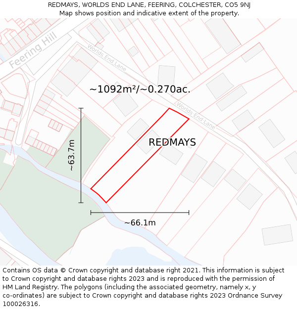 REDMAYS, WORLDS END LANE, FEERING, COLCHESTER, CO5 9NJ: Plot and title map