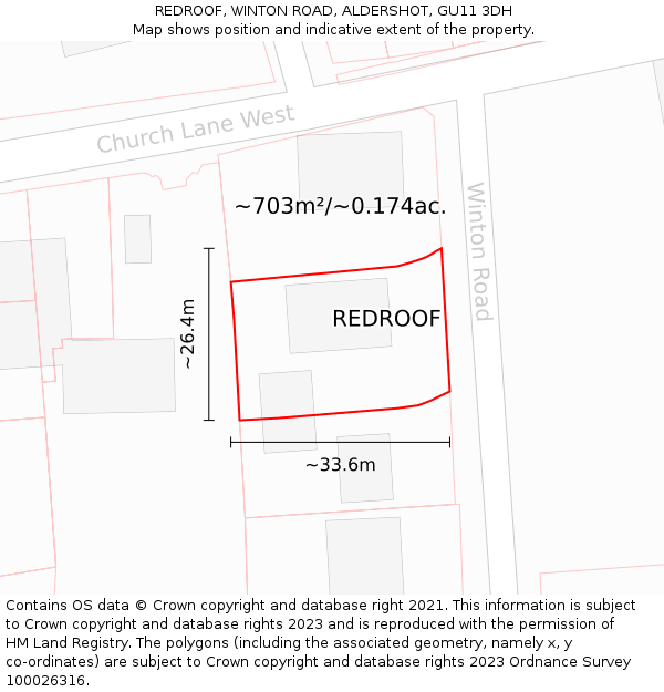 REDROOF, WINTON ROAD, ALDERSHOT, GU11 3DH: Plot and title map