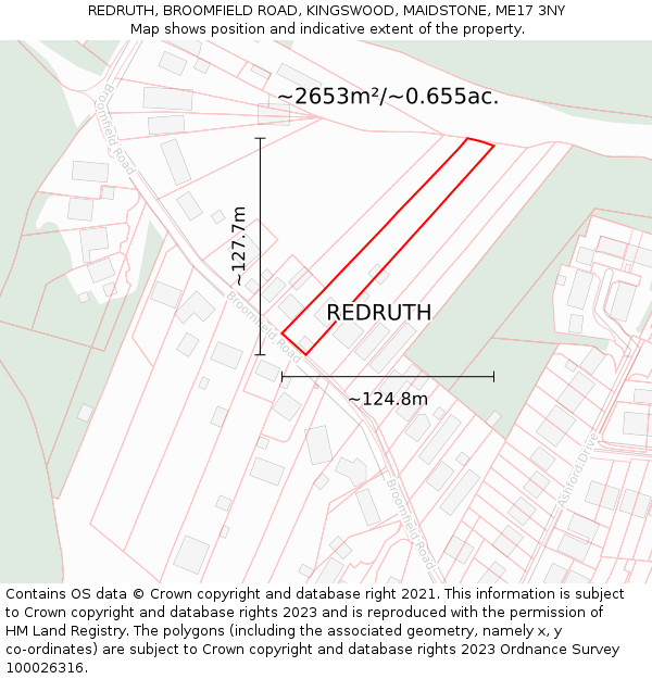 REDRUTH, BROOMFIELD ROAD, KINGSWOOD, MAIDSTONE, ME17 3NY: Plot and title map