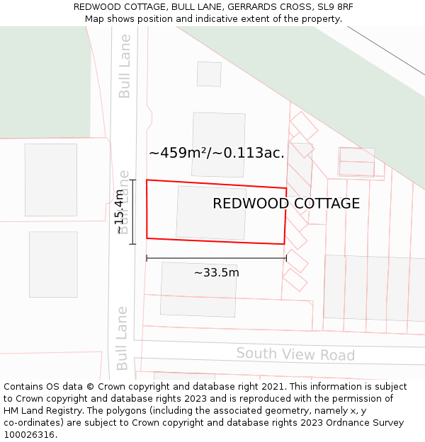 REDWOOD COTTAGE, BULL LANE, GERRARDS CROSS, SL9 8RF: Plot and title map