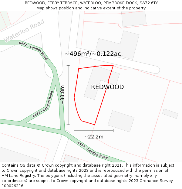 REDWOOD, FERRY TERRACE, WATERLOO, PEMBROKE DOCK, SA72 6TY: Plot and title map