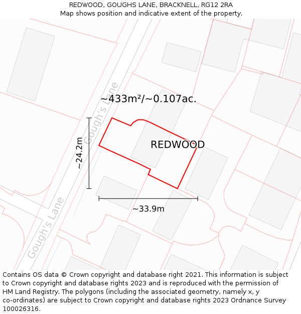 REDWOOD, GOUGHS LANE, BRACKNELL, RG12 2RA: Plot and title map