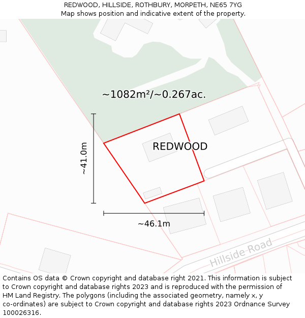 REDWOOD, HILLSIDE, ROTHBURY, MORPETH, NE65 7YG: Plot and title map