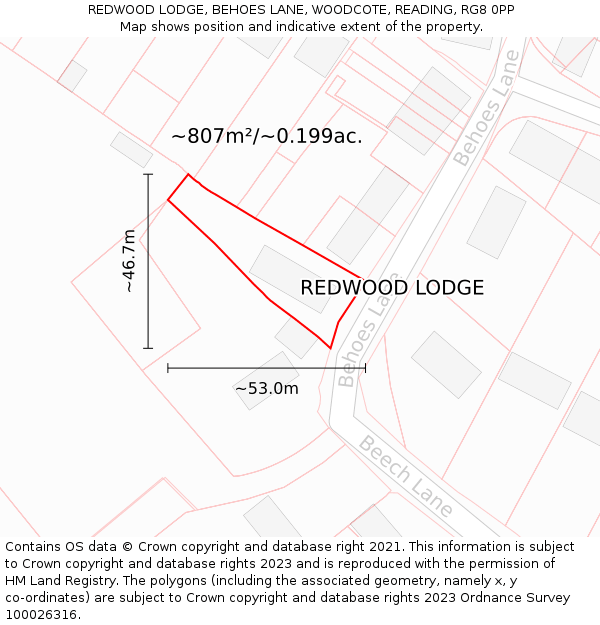 REDWOOD LODGE, BEHOES LANE, WOODCOTE, READING, RG8 0PP: Plot and title map